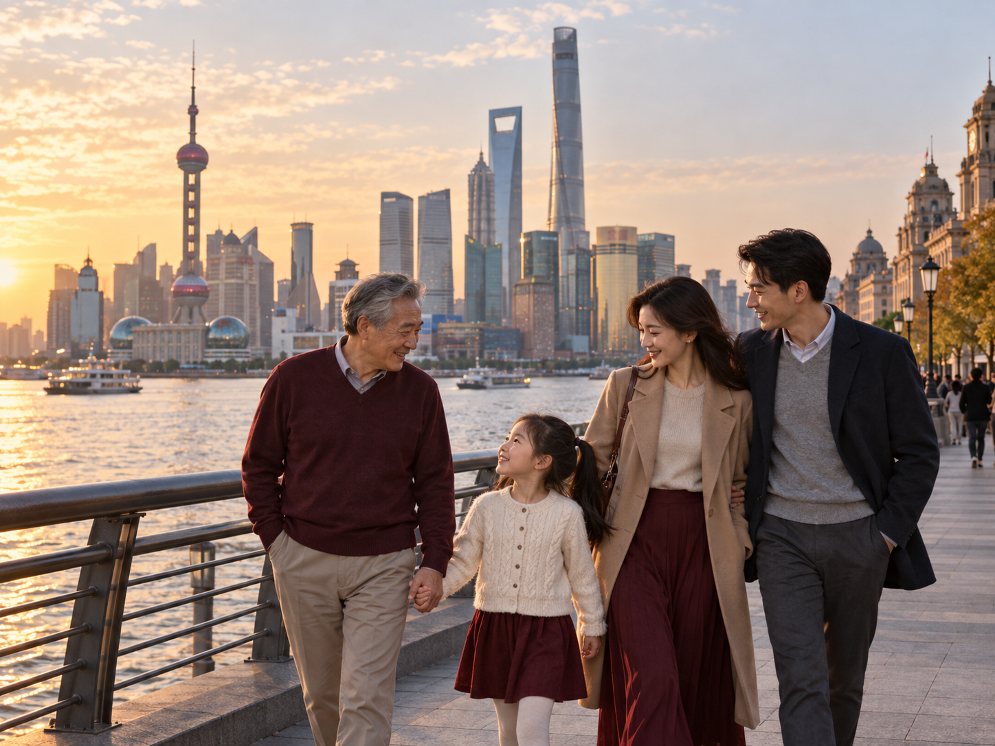 Family walking by the Shanghai waterfront