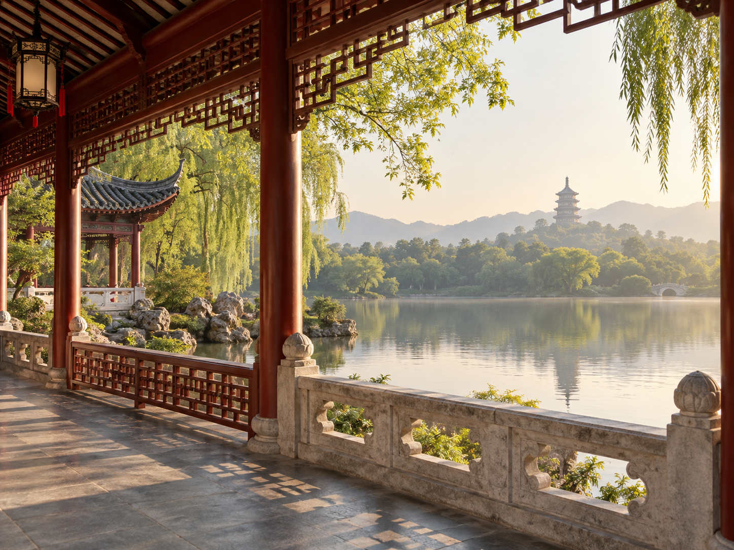 Traditional Chinese garden framing a quiet lake and distant pagoda