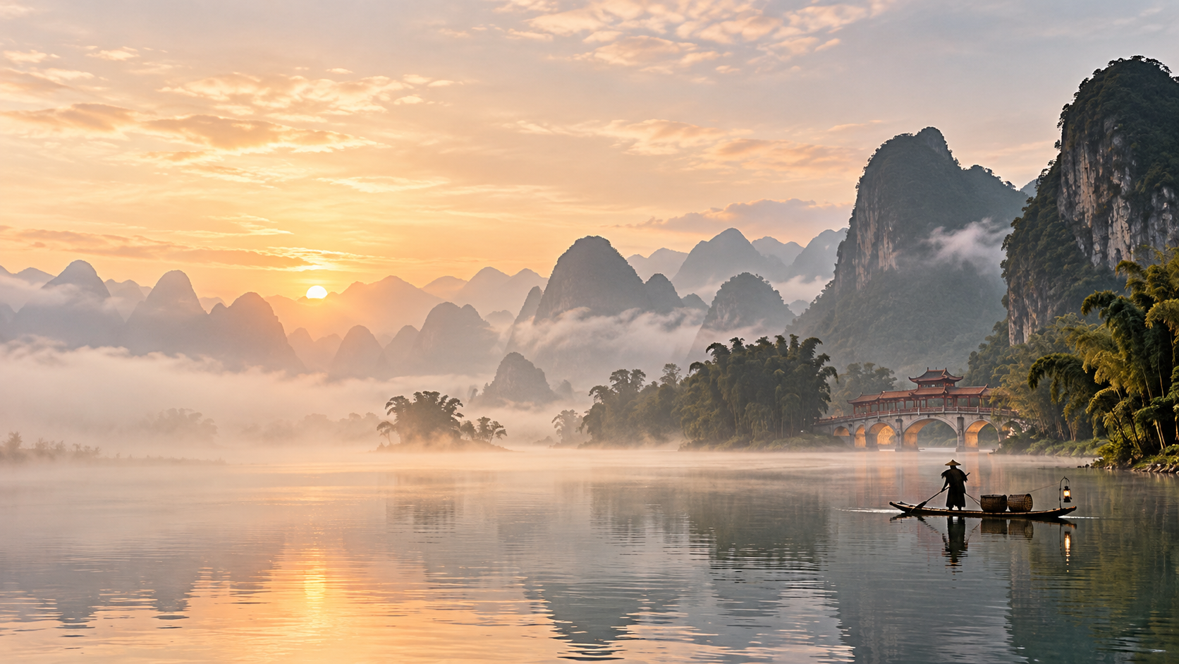 Misty karst mountains and river at sunrise in Guangxi, China