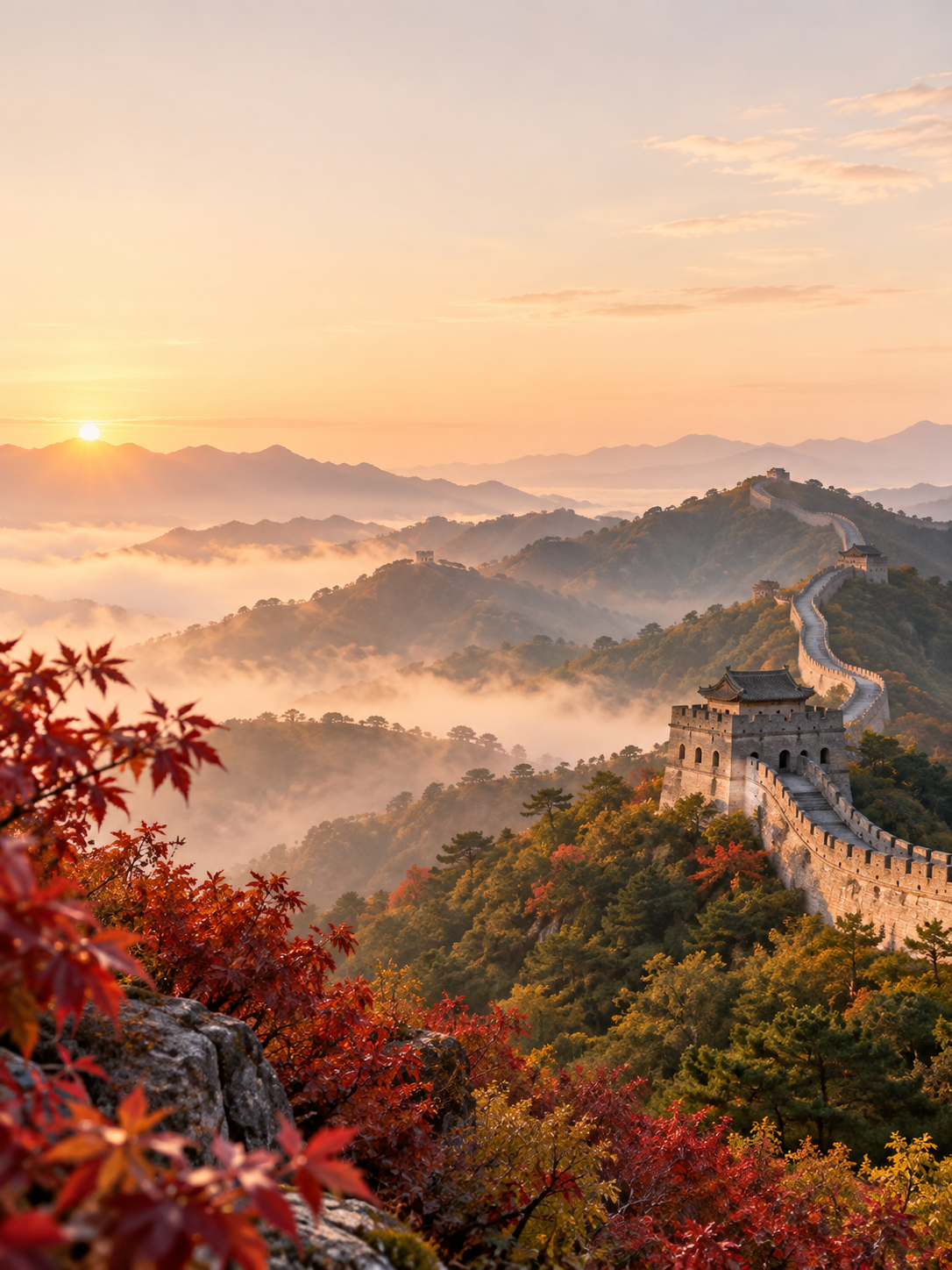 Great Wall winding through misty hills at sunrise